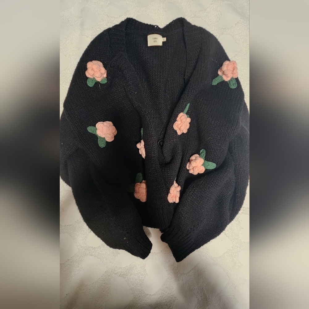 Zara Black Cardigan with Pink Floral Details